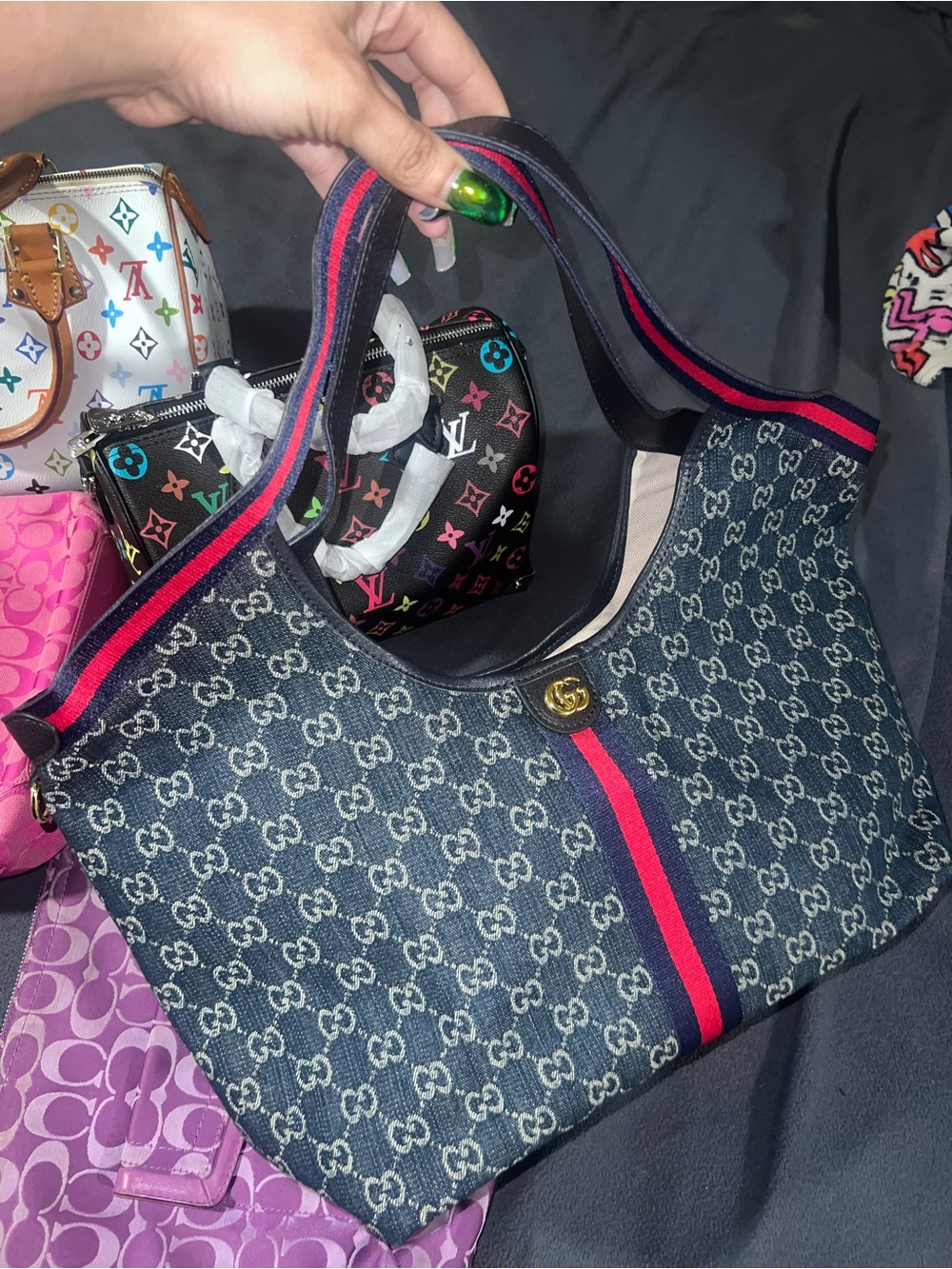 Blue Denim Canvas Shoulder Bag with Red and Blue Stripe